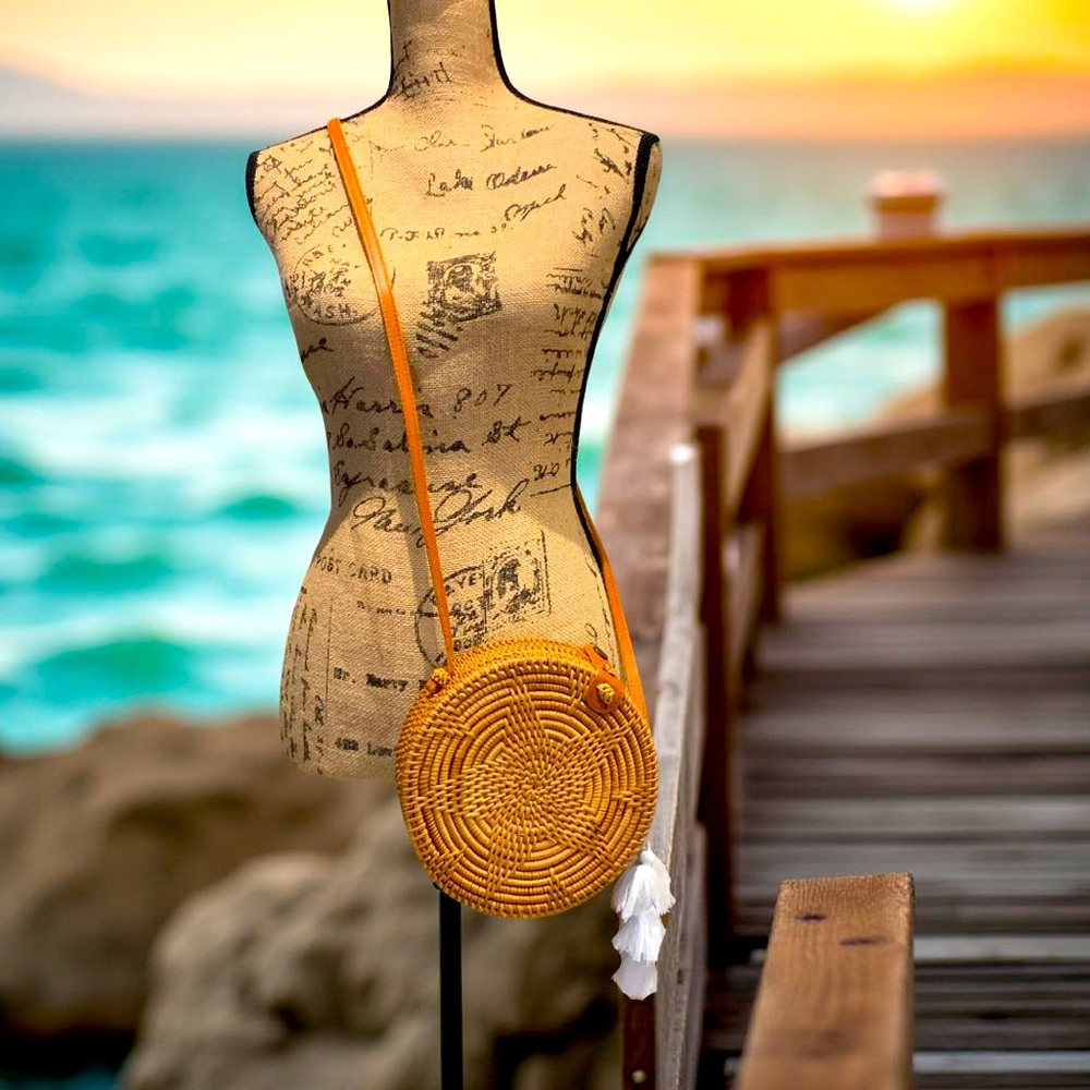 Round Straw Basket Woven Pom Pom Tassel Boho Crossbody Bag Purse